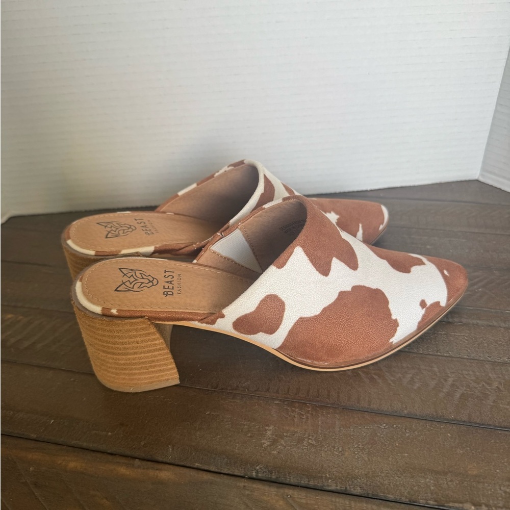 Beast Fashion Cow Print Heeled Mules